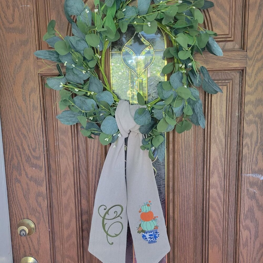 Wreath Sash Featuring Pumpkin Stack in a Chinoiserie Urn and "C" Monogram--$30